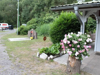 Ein gepflegtes, grünes Gelände mit blühenden Pflanzen in einem Außenbereich, neben einer weißen Hütte.