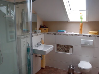 fewo-carlasziegenstall-badezimmer Badezimmer mit Waschbecken, WC und Dusche mit fester Abtrennung