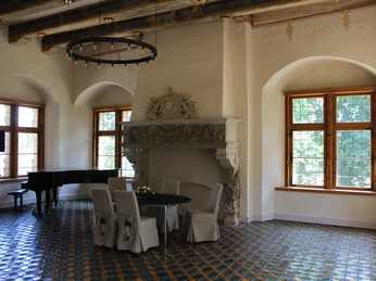 Ein lichtdurchfluteter Raum im Schloss Erbhof mit Kronleuchter, Kamin, Holzbalken und Flügel.A light-flooded room in Erbhof Castle with chandelier, fireplace, wooden beams and grand piano.Et lysgennemstrømmet rum på Erbhof Slot med lysekrone, pejs, træbjælker og flygel.Een lichte kamer in kasteel Erbhof met kroonluchter, open haard, houten balken en vleugelpiano.