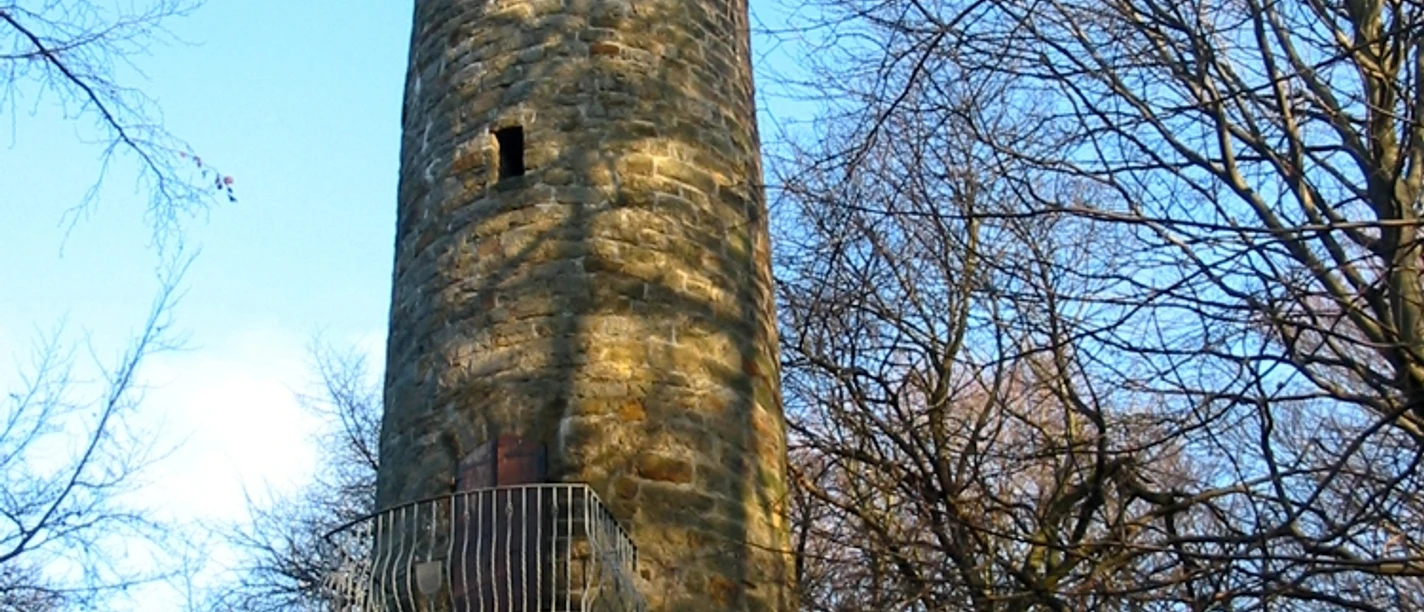 Wilhelmsturm Der Wilhelmsturm erhebt sich majestätisch aus einem bewaldeten Umfeld und strahlt in der Sonne.