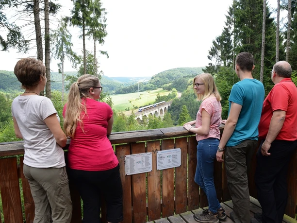 Personen stehen auf einer Plattform im Wald und blicken auf das Duneviadukt in der Ferne.