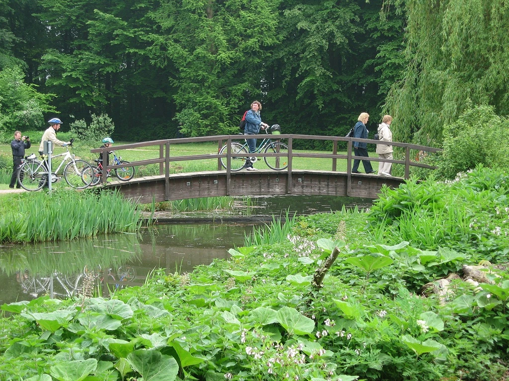 Mehrgenerationenpark Fußgänger und Radfahrer überqueren eine kleine Brücke in einem grünen Park mit Teich und üppiger Vegetation.