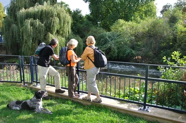 Pader-Lippe-Zusammenfluss (Blick vom Amtsweg) Eine Gruppe von Wanderern beobachtet den Zusammenfluss von Pader und Lippe, umgeben von üppigem Grün.