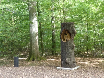 Skulptur "OT" von Edvardas Racevicius Skulptur in Baumstamm integriert, umgeben von dichter Laubvegetation eines Waldes.