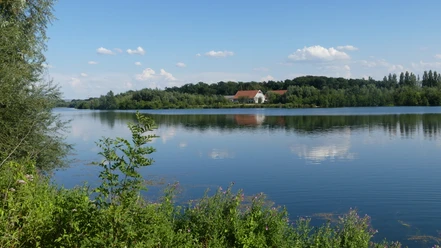 Blick über den Lippesee auf Gut Lippesee See mit spiegelndem Wasser, im Hintergrund bewaldete Uferlandschaft und Gebäude von Gut Lippesee.