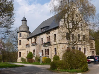 Schloss Hamborn bei blühenden Bäumen vor bewölktem Himmel, verbindet historische Architektur mit Natur.