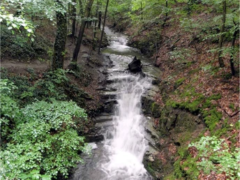 Wasserfall in bewaldeter Schlucht mit steilen Felswänden und fließendem Bach im Grünen.