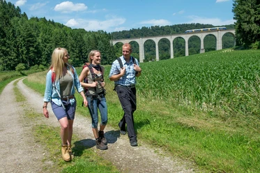 Unterwegs am Kleinen Viadukt Drei Wanderer genießen einen Spaziergang auf einem Feldweg, mit einem Zug auf einem Viadukt im Hintergrund.