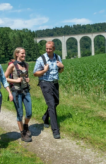Unterwegs am Kleinen Viadukt Drei Wanderer genießen einen Spaziergang auf einem Feldweg, mit einem Zug auf einem Viadukt im Hintergrund.