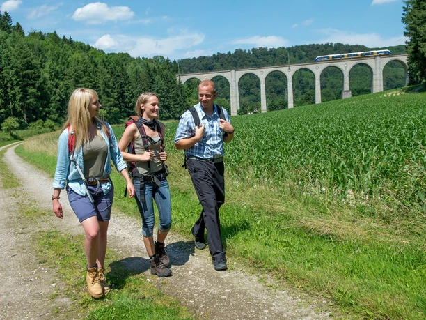 Unterwegs am Kleinen Viadukt Drei Wanderer genießen einen Spaziergang auf einem Feldweg, mit einem Zug auf einem Viadukt im Hintergrund.