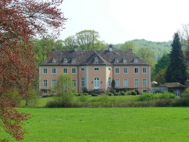 Schloss Rheder - Gartenseite Schloss Rheder von der Gartenseite, umgeben von grünen Wiesen und Bäumen, mit sandfarbenem Mauerwerk.