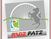 Logo von Radzfatz: Ein springendes Pferd mit Rad im Hintergrund, begleitet von einem Stadtplan.
