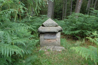 Kleiner Herrgott Steinernes Marterl mit pyramidenförmigem Dach, umgeben von Farn und Nadelbäumen im Wald.