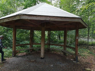 Ein hölzerner Pavillon im Wald bietet Wanderern einen überdachten Rastplatz mit Sitzmöglichkeiten.