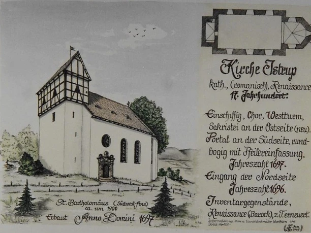 Historische Zeichnung der katholischen Pfarrkirche im Renaissance-Stil aus dem Jahr 1838.