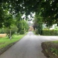 Blick auf einen von Bäumen gesäumten Weg, der zu einem Backsteingebäude inmitten grüner Vegetation führt.