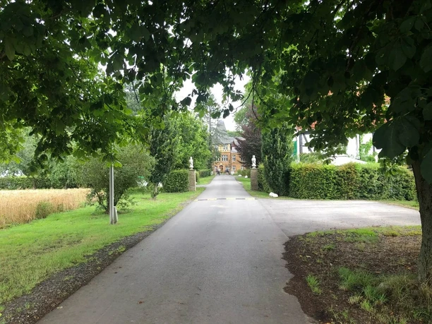 Ellerburg Aue Radweg - 2. Tour Blick auf einen von Bäumen gesäumten Weg, der zu einem Backsteingebäude inmitten grüner Vegetation führt.