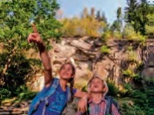 Two cheerful hikers with rucksacks point to a sunny rock in the forest.