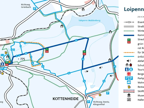 Map of the cross-country ski trail network in Schöneck, including ridge trail and infrastructure locations.