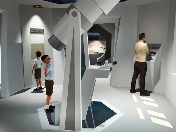 Montage der künftigen Ausstellung "Erlebniswelt Kaolin" Innenansicht einer Ausstellung mit Besuchern, die interaktive Displays und ein Modell betrachten.