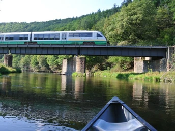 Eine Vogtlandbahn überquert die Weiße Elster bei Wünschendorf