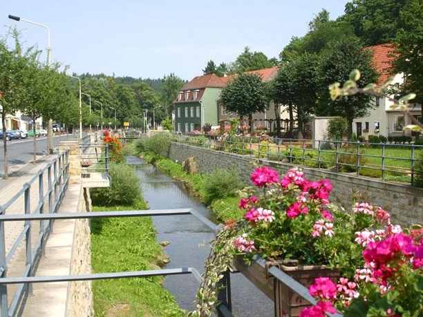 Zicht op een smalle rivier, omzoomd met bloemen en gebouwen in een groen, stedelijk park.