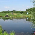 Wassarium Drakenburg Teichlandschaft im Wassarium Drakenburg mit Wiese, Spielgeräten, Schilf, einem Infostand und Bäumen.