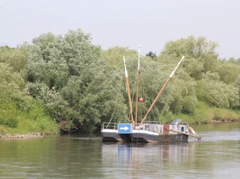 Ein traditioneller Aalschokker schwimmt auf einem ruhigen Fluss, umgeben von üppigem Grün der Ufer.A traditional eel barge floats on a calm river, surrounded by lush green banks.En traditionel ålepram flyder på en rolig flod, omgivet af frodige grønne bredder.Een traditionele palingschuit drijft op een kalme rivier, omringd door weelderige groene oevers.
