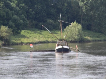 Drakenburg Aalschokker Aalschokker auf ruhigem Fluss, umgeben von grünen Bäumen und Graslandschaft; traditionelles Holzboot.Aalschokker on a calm river, surrounded by green trees and grassland; traditional wooden boat.Aalschokker på en rolig flod, omgivet af grønne træer og græsarealer; traditionel træbåd.Aalschokker op een rustige rivier, omgeven door groene bomen en grasland; traditionele houten boot.