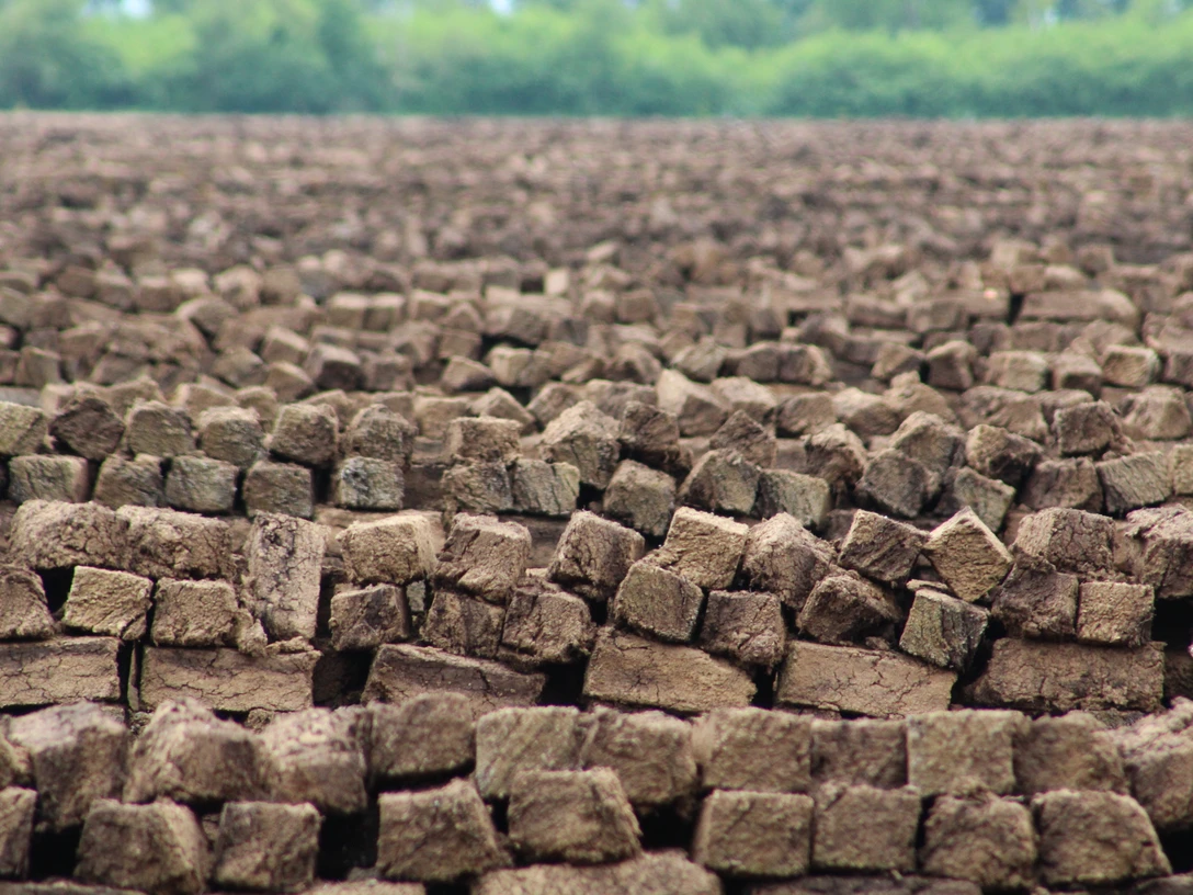 Lichtenmoor Torfabbau Ein weitläufiges Feld mit gestapelten Torfsoden erstreckt sich bis zum Horizont in einer grünen Landschaft.