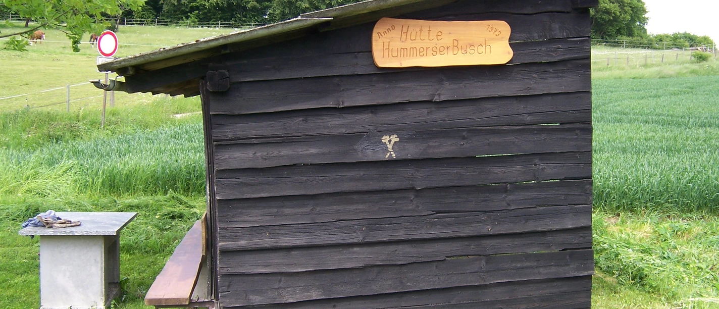 Schutzhütte Hummerser Busch Holzhütte mit Flachdach auf Wiese vor Wald und Feldern; Tisch-Bank-Kombination daneben.