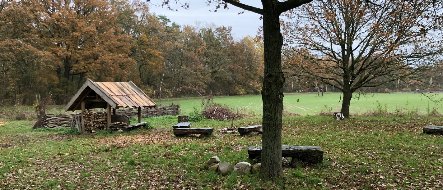 Ein rustikaler Unterstand aus Holz steht auf einer Wiese, umgeben von Bäumen im Herbstlaub.