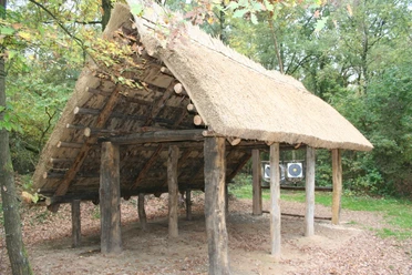Nachbau Altsachsenhütte Rekonstruktion eines historischen altsächsischen Langhauses mit strohgedecktem Dach in einem Wald.