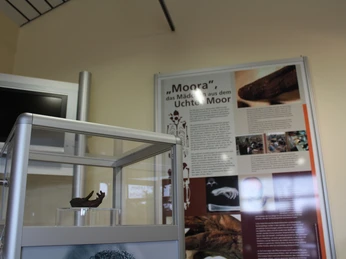 Ausstellung Tor zum Moor Das Museumsdisplay zeigt eine Vitrine mit einem kleinen Ausstellungsstück im Detail, begleitet von erklärenden Texten und Bildern an einer Wand.