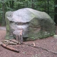 Großer Findling im Wald mit umgestürzten Holzstücken davor, eingebettet in ruhiger, natürlicher Umgebung.