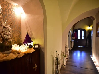 Ambiente im Innenraum Ein stimmungsvoll beleuchteter Innenflur mit dekorativen Elementen und Holzboden.An atmospherically lit interior hallway with decorative elements and wooden floor.Atmosféricky osvětlená vnitřní chodba s dekorativními prvky a dřevěnou podlahou.Nastrojowo oświetlony korytarz z elementami dekoracyjnymi i drewnianą podłogą.Een sfeervol verlichte hal met decoratieve elementen en houten vloer.Un corridoio interno illuminato in modo suggestivo con elementi decorativi e pavimento in legno.