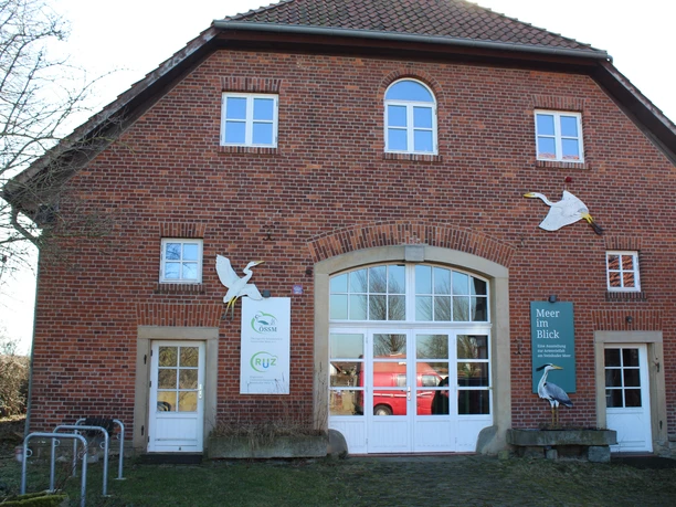 Ein historisches Backsteingebäude mit großen Fenstern und Tierfiguren an der Fassade, umgeben von Bäumen.