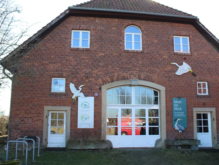 Ein historisches Backsteingebäude mit großen Fenstern und Tierfiguren an der Fassade, umgeben von Bäumen.