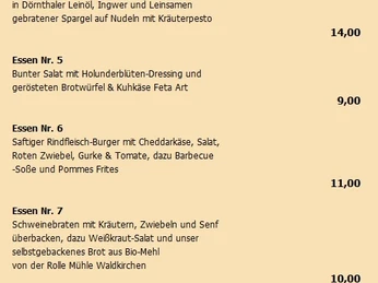 Abholkarte Mai - zum Vergrößern bitte anklicken Speisekarte mit Gerichten wie Spargelsuppe und Rinderzunge, Bestellschluss um 17 Uhr.Menu with dishes such as asparagus soup and beef tongue, order deadline at 5 pm.Jídelní lístek s pokrmy jako chřestová polévka a hovězí jazyk, uzávěrka objednávek v 17 hodin.Menu z daniami takimi jak zupa szparagowa i ozór wołowy, termin składania zamówień o 5 po południu.Menu met gerechten zoals aspergesoep en rundertong, uiterste besteltijd 17.00 uur.Menu con piatti come la zuppa di asparagi e la lingua di manzo, termine ultimo per l'ordinazione alle 17.00.