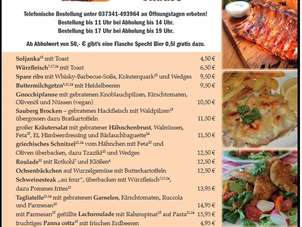 Abholkarte Juni-Juli. Zum Vergrößern bitte anklicken Abholkarte für Juni-Juli der Sau-gute Klause mit verschiedenen Speisen und Preisen.