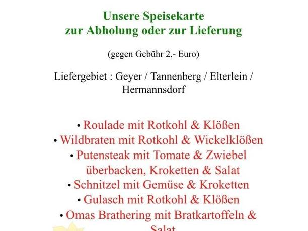 Speisekarte - Abholangebot von Waldschänke Geyer. Zum Vergrößern bitte anklicken. Speisekarte der Waldschänke Geyer mit Gerichten zur Abholung oder Lieferung.