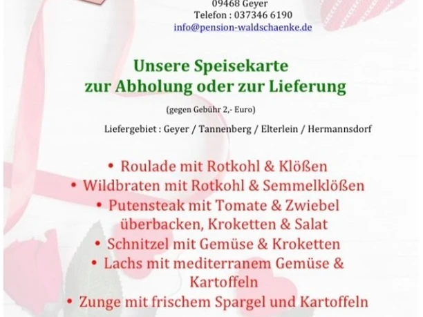 Muttertagskarte der Waldschänke Geyer mit Speisekarte zur Abholung am 10. Mai.