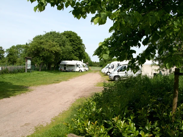 Wohnmobilstellplatz am Schloss Erbhof im Grünen, mit mehreren geparkten Wohnmobilen und Bäumen.