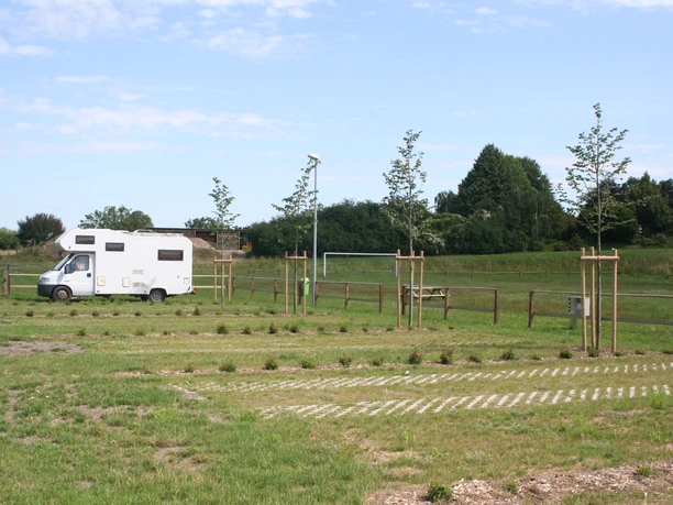 Wohnmobil auf einem Stellplatz mit jungen Bäumen und gepflegter Rasenfläche unter blauem Himmel.
