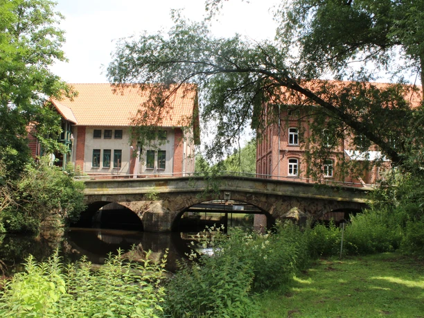 Historische rote Backsteinmühle mit Brücke und Fluss idyllisch eingebettet zwischen grünen Bäumen.