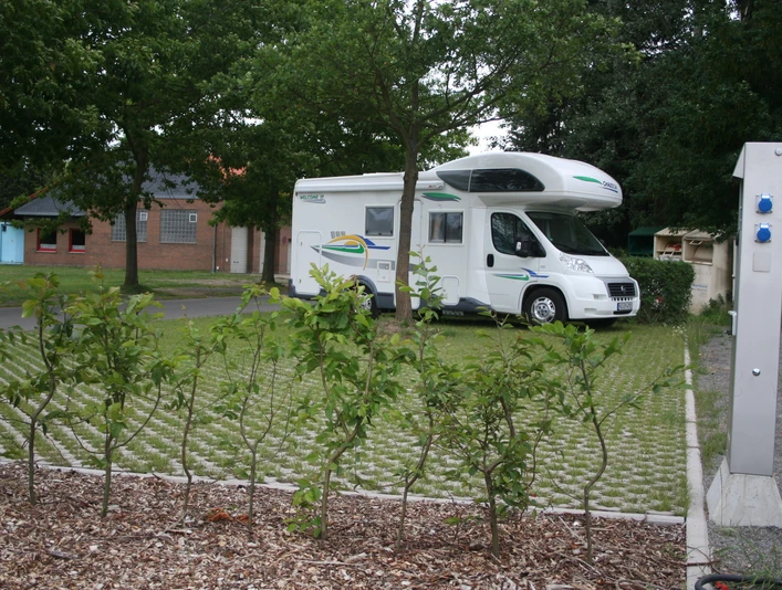 Ein Reisemobil steht auf einem Stellplatz mit Rasengittern, umgeben von Bäumen und einer Stromsäule.