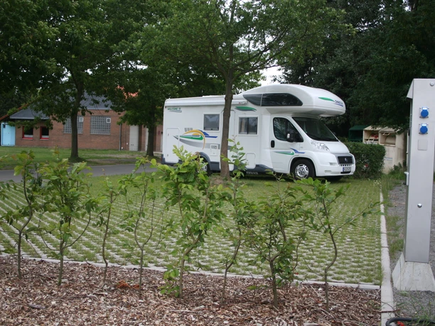 Reisemobilstellplatz Rodewald Ein Reisemobil steht auf einem Stellplatz mit Rasengittern, umgeben von Bäumen und einer Stromsäule.