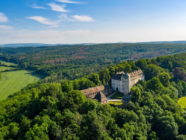Sicht auf die historische Hinnenburg, eingebettet in dichten Wäldern und sanften Hügeln des Weserberglands.
