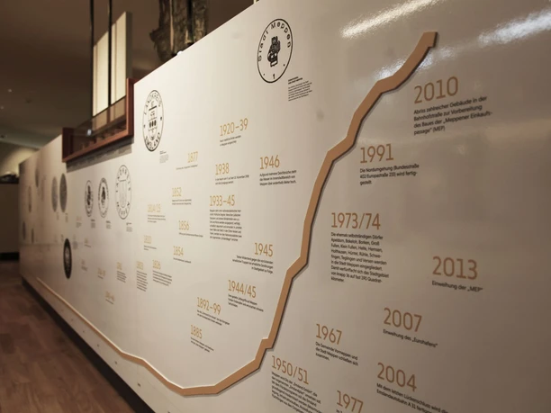 Museen an der Koppelschleuse: Stadtmuseum Meppen Innenausstellung im Stadtmuseum Meppen mit beleuchteter Zeitleiste zur Stadtgeschichte