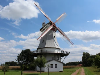 The Behlmer Hochzeitsmühle stands in a green, rural landscape under a clear blue sky.
